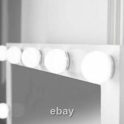 Dressing Table with Hollywood LED Bulbs Mirror Glass Tabletop Stool White Set