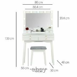 Dressing Table with Hollywood LED Bulbs Mirror Glass Tabletop Stool White Set