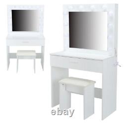 Dressing Table with LED Bulbs Mirror Glass Tabletop Stool Set Large Drawer White