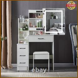 Dressing Table with LED Lighted Sliding Mirror and Stool Vanity Makeup Desk Set