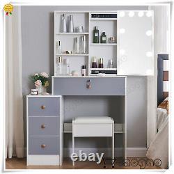 Dressing Table with LED Lights Mirror Makeup Vanity Table Stool White & Grey