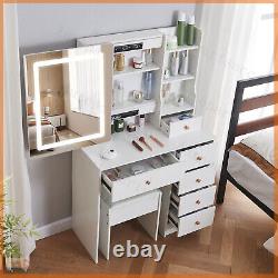 Dressing Table with LED Sliding Mirror Shelves Makeup Vanity Desk Dimmable Light