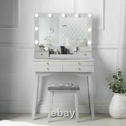Dressing Table with Large Hollywood Lights Mirror Glass Tabletop Stool Grey Set