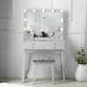 Dressing Table With Large Hollywood Lights Mirror Glass Tabletop Stool Grey Set