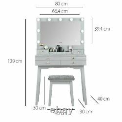 Dressing Table with Large Hollywood Lights Mirror Glass Tabletop Stool Grey Set