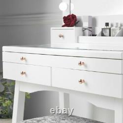 Dressing Table with Large Hollywood Lights Mirror Glass Tabletop Stool White Set