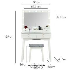 Dressing Table with Large Hollywood Lights Mirror Glass Tabletop Stool White Set