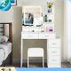 Dressing Vanity Makeup Table Set Cushioned Stool Drawer Withled Touch-sreen Mirror