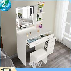 Dressing Vanity Makeup Table Set Cushioned Stool Drawer withLED Touch-Sreen Mirror