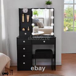 Dressing + led Mirror Makeup Table with Stool Drawer Black Bedroom Vanity Set