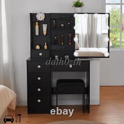 Dressing + led Mirror Makeup Table with Stool Drawer Black Bedroom Vanity Set