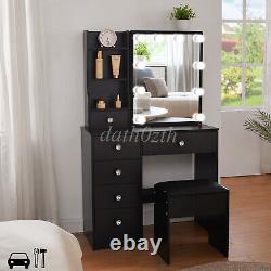 Dressing + led Mirror Makeup Table with Stool Drawer Black Bedroom Vanity Set