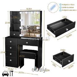 Dressing + led Mirror Makeup Table with Stool Drawer Black Bedroom Vanity Set