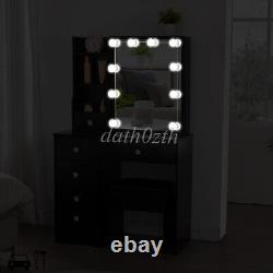 Dressing + led Mirror Makeup Table with Stool Drawer Black Bedroom Vanity Set