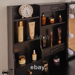 Dressing + led Mirror Makeup Table with Stool Drawer Black Bedroom Vanity Set