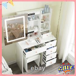 Dressing table and 6 drawers Vanity Hollywood with LED Sliding mirror and stool