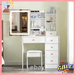 Dressing table and 6 drawers Vanity Hollywood with LED Sliding mirror and stool