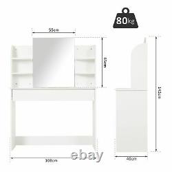 Elegant Wood Dressing Table With Mirror, Big Drawers, Open Shelf Bedroom White