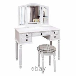 Folding 3 Sides Mirror 5Drawer Dressing Table Stool Set Bedroom Vanity Unit Home