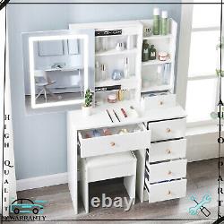 For Bedroom Dressing Makeup Table White Vanity Set With LED Lighted Mirror Stool