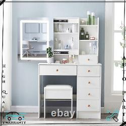 For Bedroom Dressing Makeup Table White Vanity Set With LED Lighted Mirror Stool