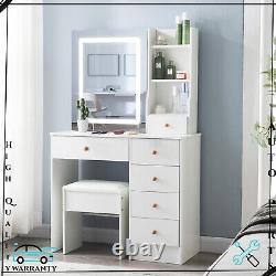 For Bedroom Dressing Makeup Table White Vanity Set With LED Lighted Mirror Stool