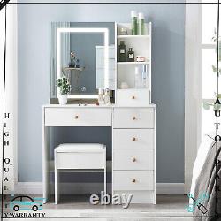 For Bedroom Dressing Makeup Table White Vanity Set With LED Lighted Mirror Stool