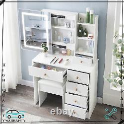 For Bedroom Dressing Makeup Table White Vanity Set With LED Lighted Mirror Stool