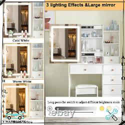 For Bedroom Dressing Makeup Table White Vanity Set With LED Lighted Mirror Stool