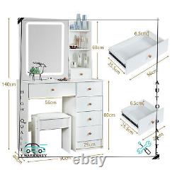 For Bedroom Dressing Makeup Table White Vanity Set With LED Lighted Mirror Stool