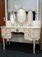 French Louis Kidney Shaped Glass Top Ivory & Gold Dressing Table With Mirrors