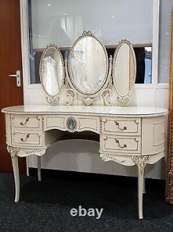 French Louis Kidney Shaped Glass Top Ivory & Gold Dressing Table with Mirrors