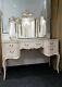 French Louis Style Glass Top Ivory & Antique Gold Dressing Table With Mirrors