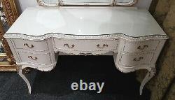 French Louis Style Glass Top Ivory & Antique Gold Dressing Table with Mirrors