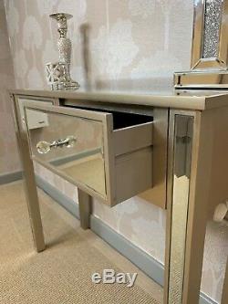 Georgia Champagne Gold Trim Mirrored Glass 2 Drawer Console Hall Dressing Table