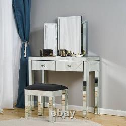 Glass Dressing Table Set Mirrored Make-up Desk Bedroom Console Stool Mirror