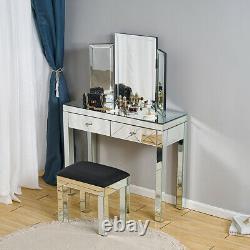 Glass Dressing Table Set Mirrored Make-up Desk Bedroom Console Stool Mirror