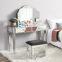 Glass Dressing Table Stool Mirrored Bedroom Make-Up Console Vanity Table Set UK
