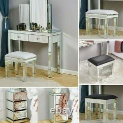 Glass Mirrored Bedroom Furniture Set-Dressing Table, Stool, Mirror, Bedside Table