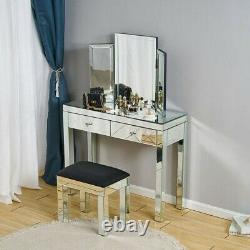Glass Mirrored Bedroom Furniture Set-Dressing Table, Stool, Mirror, Bedside Table