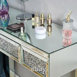 Glass Mirrored Dressing Table Makeup Desk Diamond Mirror 1 Drawer Stool Bedroom