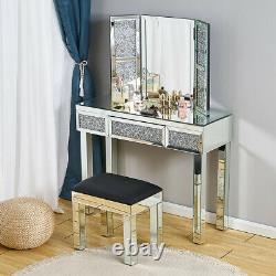 Glass Mirrored Dressing Table Makeup Desk Diamond Mirror Draw Stool Bedroom UK
