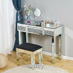 Glass Mirrored Dressing Table Makeup Desk Diamond Mirror Draw Stool Bedroom UK