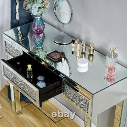 Glass Mirrored Dressing Table Makeup Desk Diamond Mirror Drawer Stool Bedroom UK