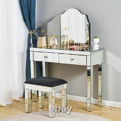Glass Mirrored Dressing Table Makeup Vanity Desk Bedroom with Drawer&Mirror&Stool
