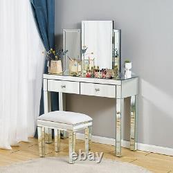 Glass Mirrored Dressing Table Makeup Vanity Desk Bedroom with Drawer&Mirror&Stool