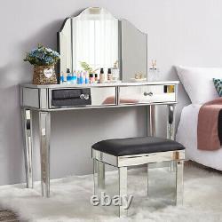 Glass Mirrored Mirrored Bedroom Furniture 2 Drawer Dressing Table, Stool, Mirror