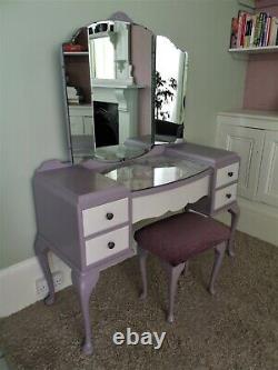 Glass Topped Queen Anne Style Dressing Table & Matching Stool, upcycled in lilac