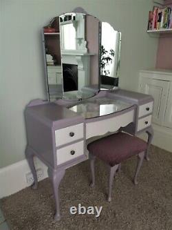 Glass Topped Queen Anne Style Dressing Table & Matching Stool, upcycled in lilac