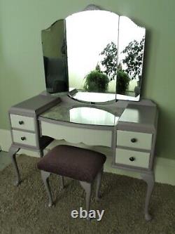 Glass Topped Queen Anne Style Dressing Table & Matching Stool, upcycled in lilac